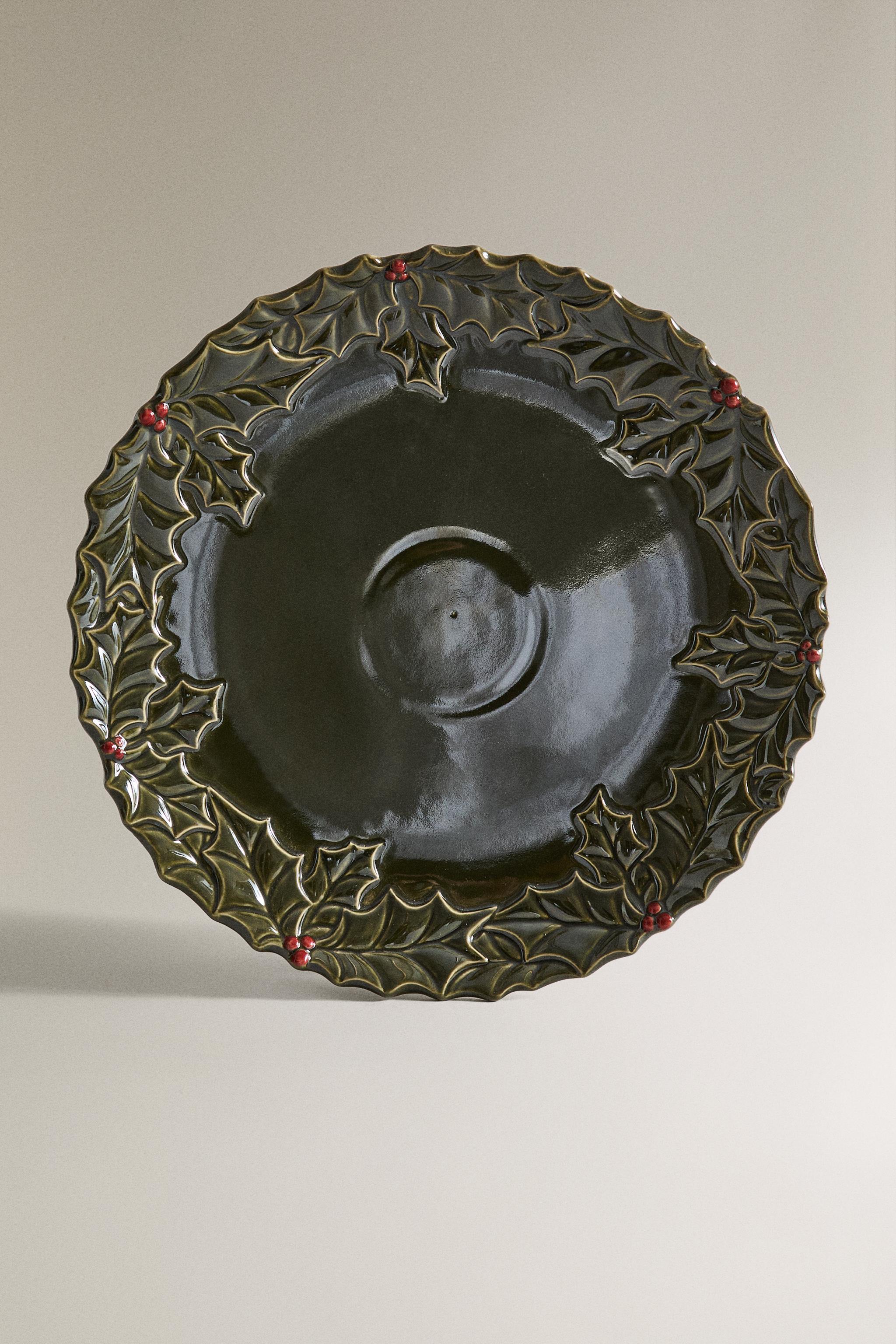 CHRISTMAS PORCELAIN HOLLY LEAF SERVING DISH